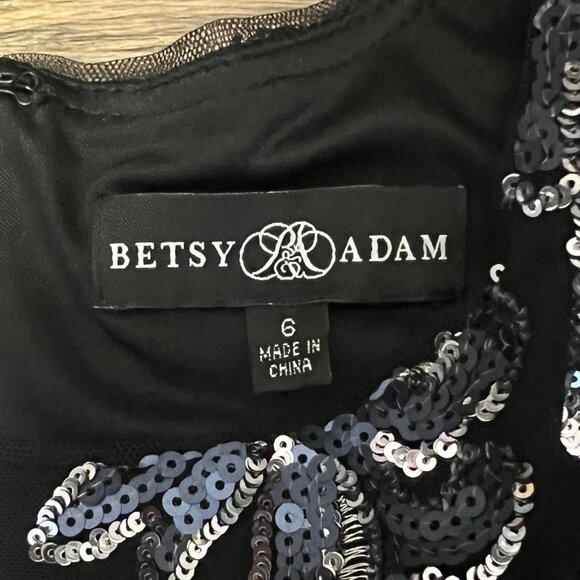 Betsy & Adam Short Sleeve Sequin Chiffon Floral Gown Black Blue Silver Size 6 - Picture 3 of 4